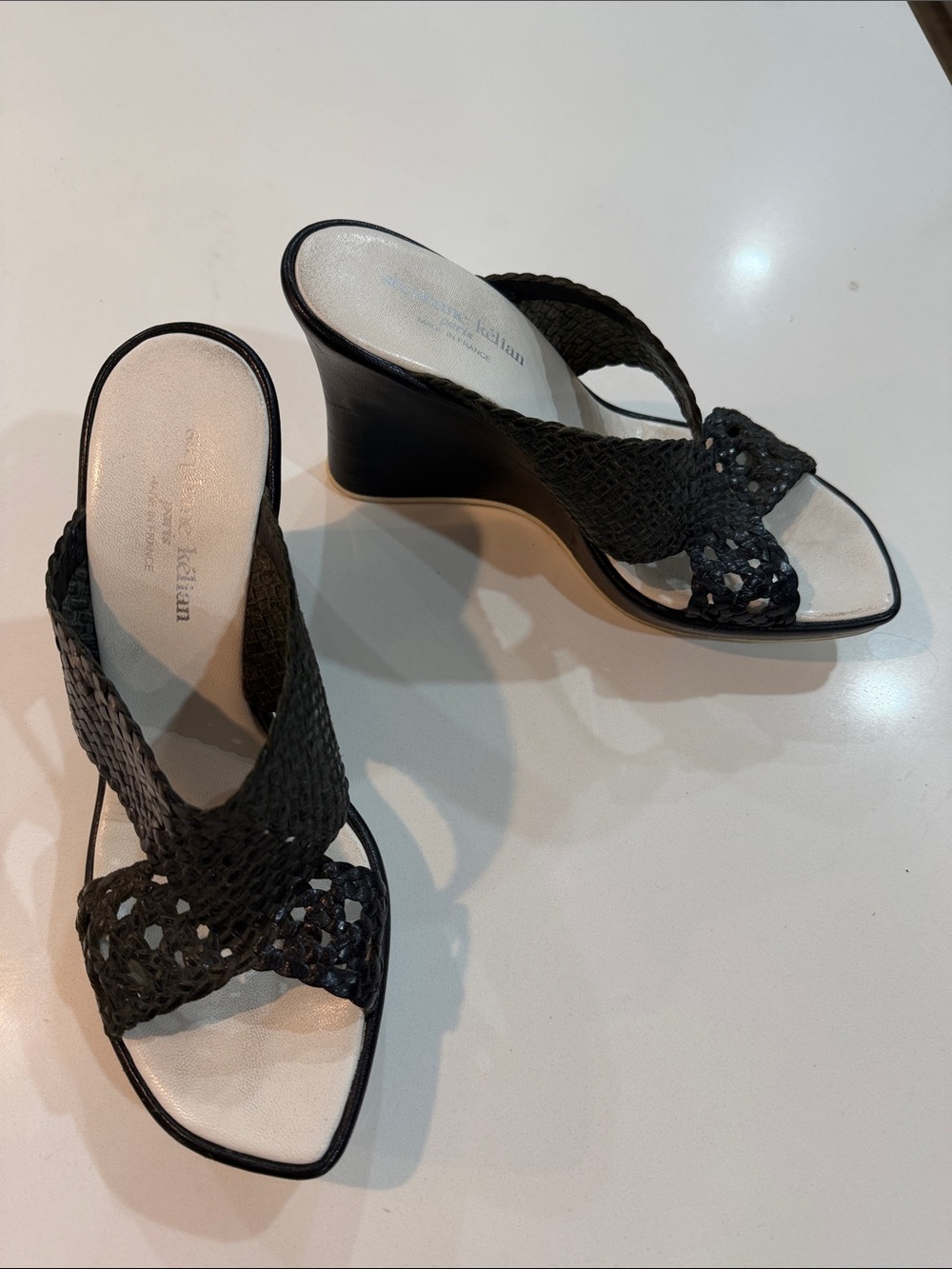 Woven Leather Wedge Sandals in Black